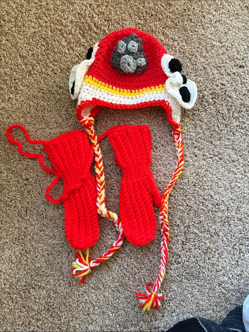 Paw Patrol Handmade Red Crochet Earflap Hat with Matching Mittens